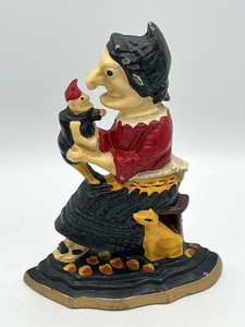 Vintage Judy Of Punch & Judy Cast Iron Doorstop Hand Painted 9"H Red And Black