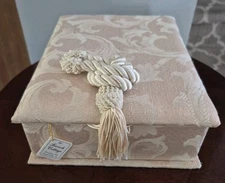 Vintage Large Tapestry Jewelery Box With Tassel ^Mirror 7.5" W 9.5" T 2.5" D