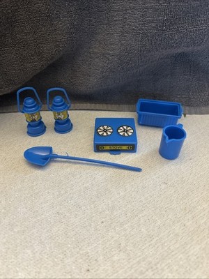 Vintage Mattel Big Jim Plastic Lantern Stove Pitcher Ice Chest Blue Shovel 70s