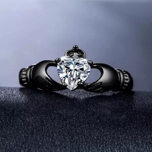 Authentic 1.01Ct Real Moissanite & Diamond Claddagh Wedding Ring Black Gold Plated Silver