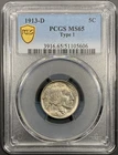 1913-D Type 1 PCGS MS65 Buffalo Nickel 5c - Gem Original
