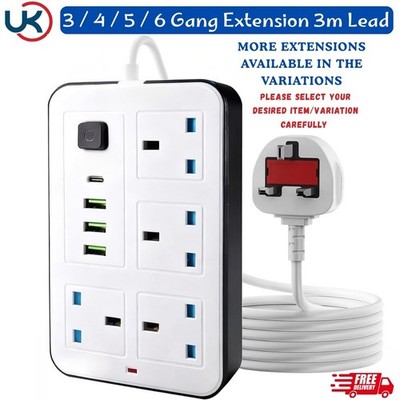 2M Strom Netz Strom Verlängerungskabel 4 Steckdosen 4 USB Ports Stecker Buchse