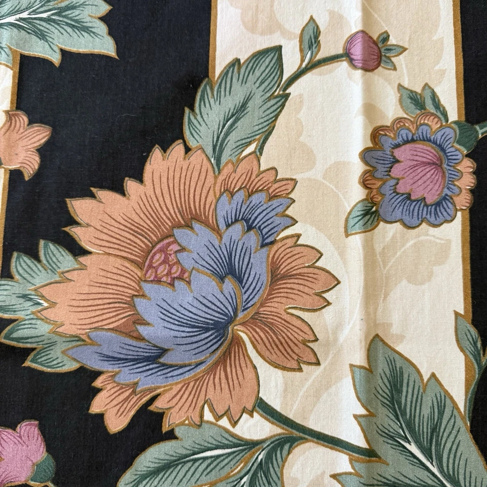 Jacobean Vine Floral Black Stripe Light PolyCotton Vtg Fabric 53x68 EXtraWide - Image 3 of 4