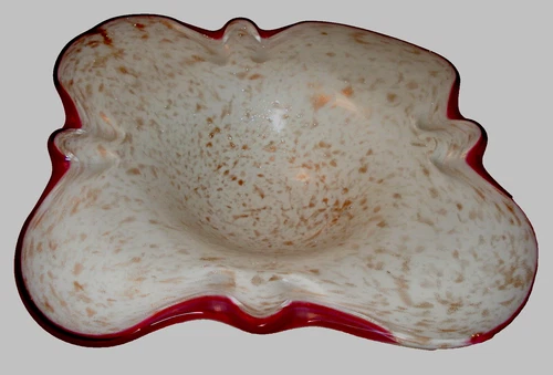 Murano Art Glass Bowl White Free Form Gold Adventurine Fleck Purple Edge Vintage