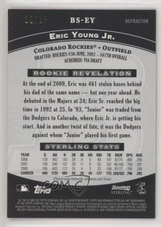 2009 Bowman Sterling Black Refractor /25 Eric Young Jr #BS-EY Rookie RC - Image 2 of 2