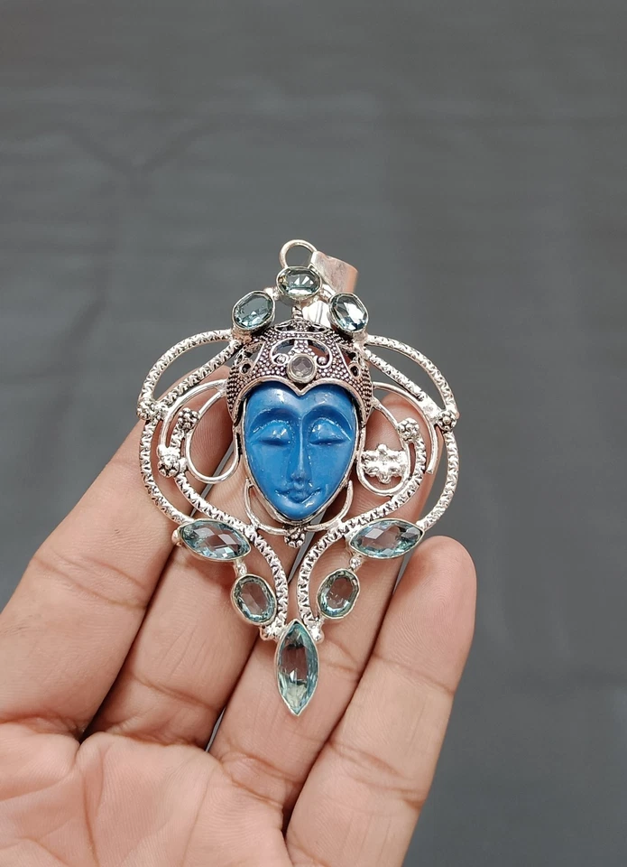 Handmade Aquamarine Gem Pendant Sterling Silver Face Stone Pendant Gift for Her - Image 4 of 4