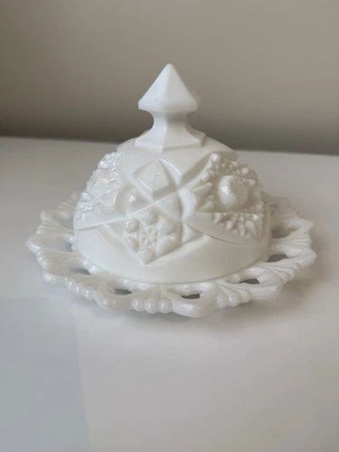 Vintage Round Milk Glass Covered Cheese Butter Dish Kemple Toltec Pattern