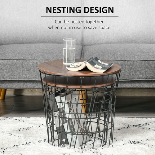Metal Nesting End Table Set w/ Storage, Round Side Tables & Wood Removable Top - Picture 5 of 11