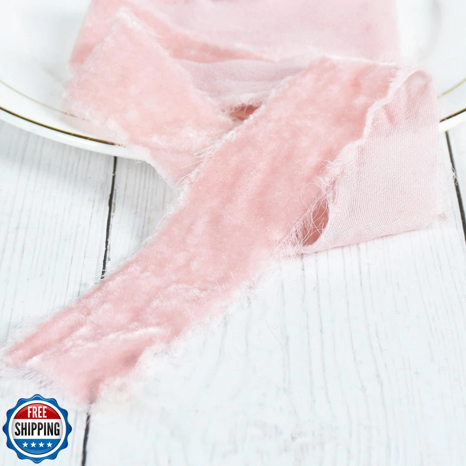 RIBBOOO 2 Rolls Light Pink Velvet Ribbon - 1 1/2 Inch Handmade Frayed Silk Ve - Image 4 of 4