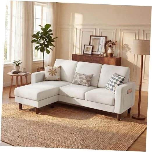 L-Shaped Sectional Couch with Movable Ottoman, Small 3 Seat Beige Linen Fabric