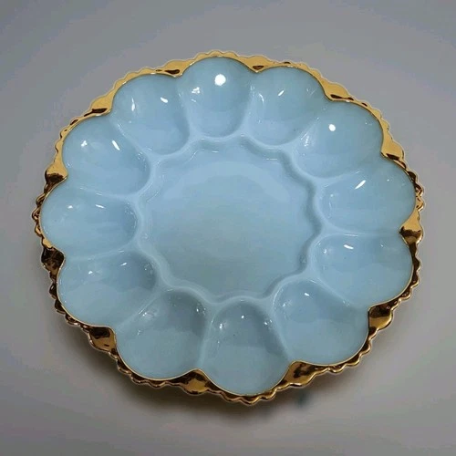 Vintage Anchor Hocking Fire King Delphite Blue Glass Deviled Egg Plate