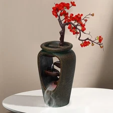 Flower Vase Waterfall Table Top LED Light Indoor Water Fountain FengShui Decor