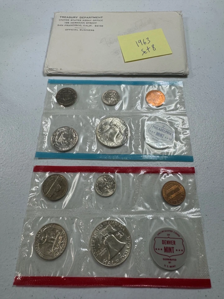 (1) 1963  US MINT SILVER P & D Set,  in all OGP,   w/ 90%  SILVER COINS,   SET 8 - Image 4 of 4