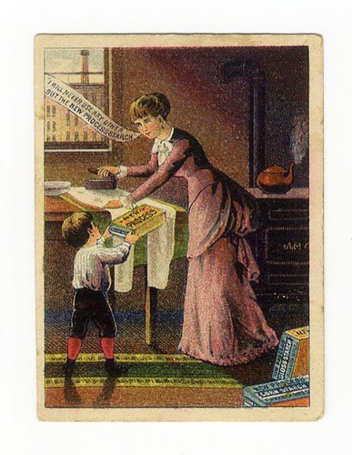 NEW PROCESS STARCH Small Victorian Trade Card MOTHER Ironing Laundry Boy Helping