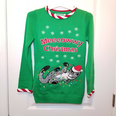 Festified Meeeowwy Christmas Green Light Up Cat Ugly Sweater Size Xsmall