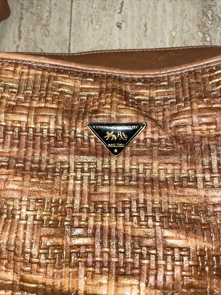 Bolso de Hombro RENATO ANGI Italia Dorado Marrón Cuero Suave Tejido Cesta Patrón Foto 3 de 4
