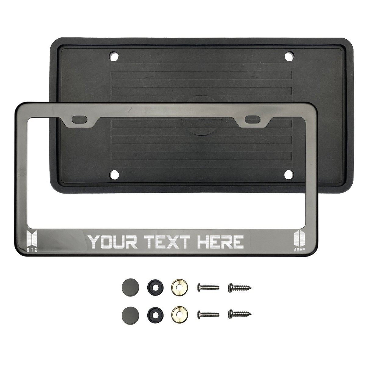 BTS K pop Laser Etched License Plate Frame Metal Screw Cap