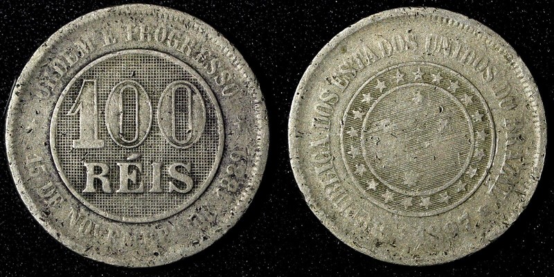 BRAZIL Copper-Nickel 1897 100 Reis 27  mm  Good KM# 492 (27 813)