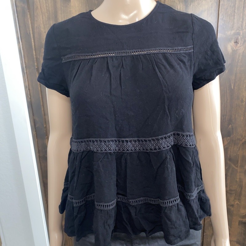 Blue Rain Tunic Pleated Top Womens XS Tiered Short Sleeve Black- 003