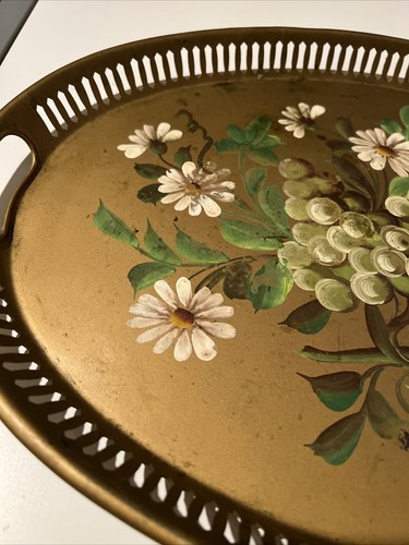 Vintage Large Hand Painted Gold Floral Toleware Tray by Pilgrim Art - Picture 4 of 17