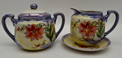 Vtg Lusterware Sugar w/Lid  & Creamer w/Underplate Hand Painted The Hinode Japan