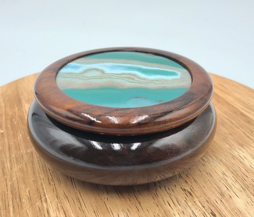 Vintage Wood Round Trinket Dish Jar Agate Slice Lid Green Brazil - Picture 2 of 8