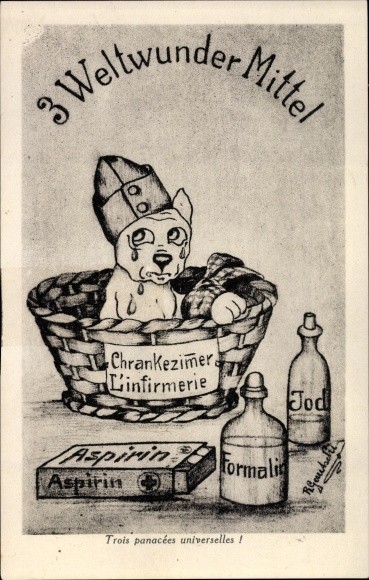 Künstler Ak 3 Weltwunder Mittel, Aspirin, Formalin, Jod, Hund,... - 10371284