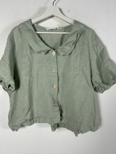 Christy Allen Womens Sage Green Linen Button-Down Blouse Large Short Sleeve Top