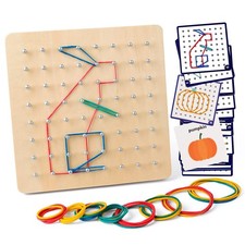 Coogam Wooden Geo Board 30Pcs Pattern Cards Latex Bands 8x8 Brain Teaser