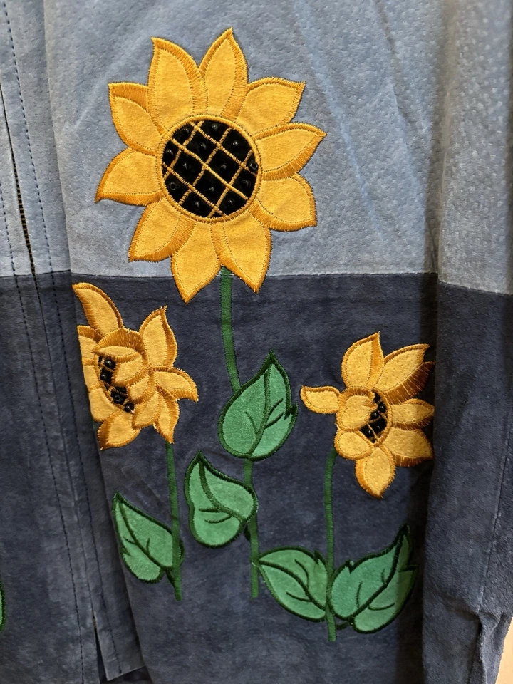 Vtg Blue Suede Jacket w/ Sunflowers Sz Small The Quaker Factory Embroidered - Image 2 of 4