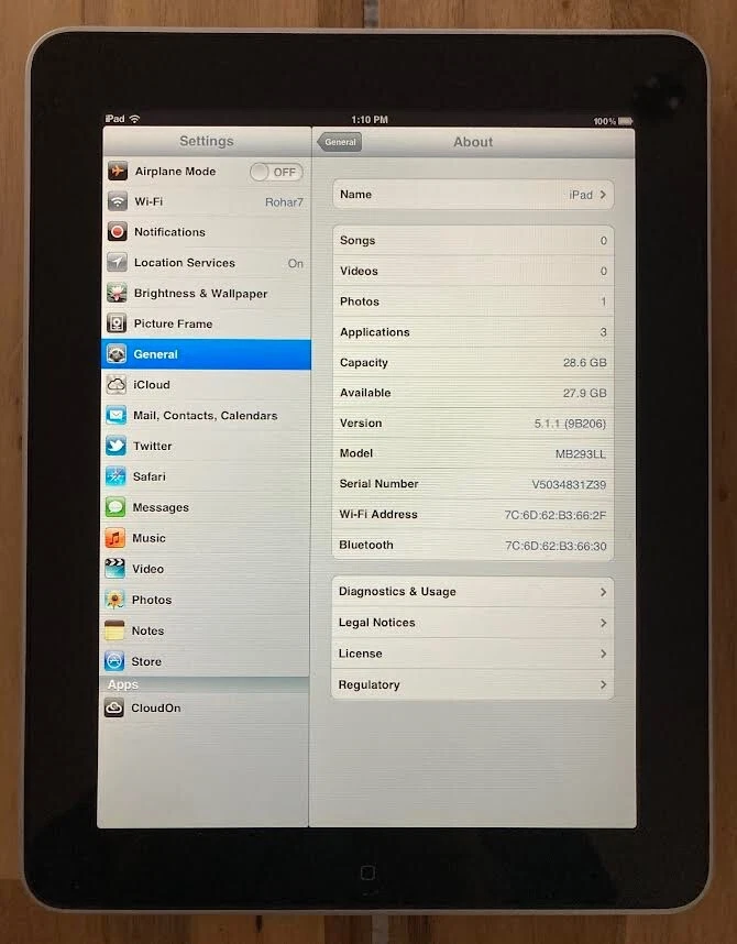 APPLE iPad 1st Generation Silver 16GB MB292LL A1219 5.1.1 WiFi Bluetooth / NM+ - Image 3 of 4