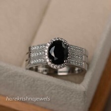 2.25CT Oval Cut Genuine Black Onyx Women's Halo Wedding Ring 14K White Gold Over