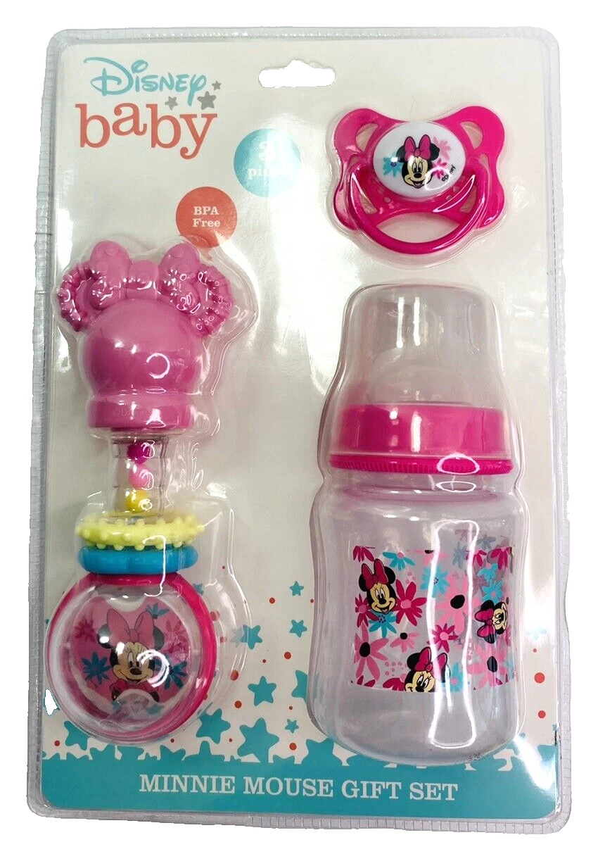 NIP Disney Baby Minnie Mouse 3 Piece Set Pink Pacifier Rattle Bottle BPA Free