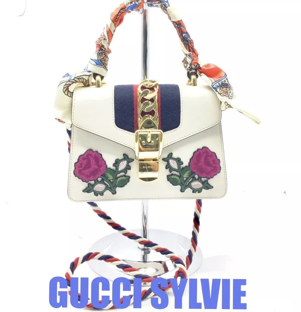 Gucci Blue Leather Floral Print Sylvie Small Shoulder Bag at