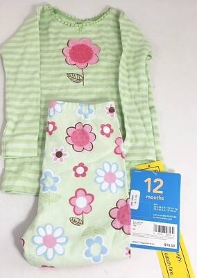 Carter's Snug Fit P j's Baby Girl 12 Months 2 Piece Flowers Green Stripes NWT