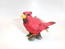 Holiday Christmas Red Cardinal Bird Ornament Sitting on Pine Cones Resin Glitter
