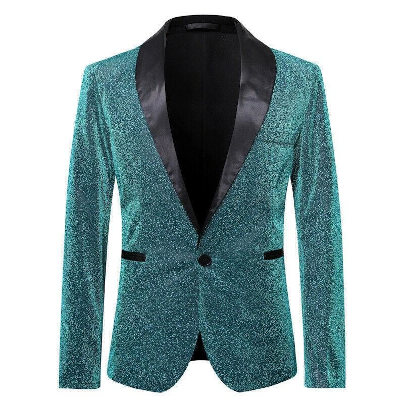 Sequin Men's Lapel Dress Blazer One Button Jacket Glitter Coat Clubwear Slim Fit - Image 3 of 4