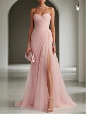 Ruched Tulle Mermaid Formal Gown Strapless Sweetheart High Slit Evening Dress