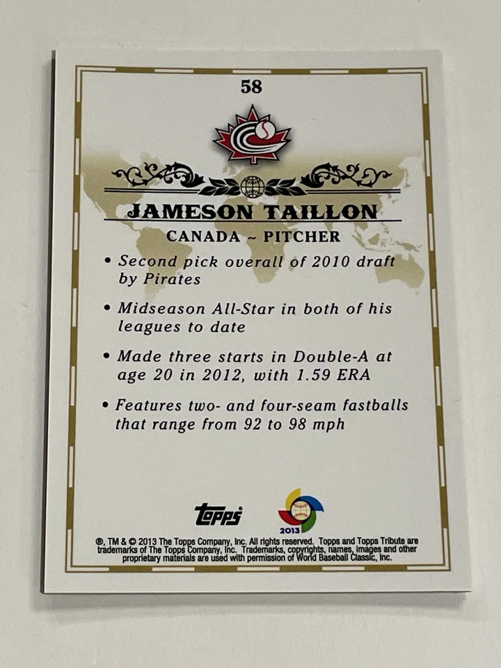 2013 Topps Tribute WBC Baseball #58 - Jameson Taillon - Canada - Image 2 of 2