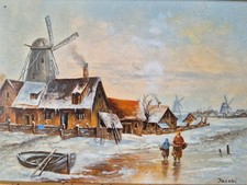 Jacobi (XX) Ölgemälde Holländische Winterlandschaft mit Mühle