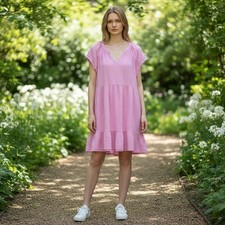 Pact Organic Cotton Coastal Double Gauze Throw And Go Tiered Dress Pink Large