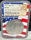 2022 American Silver Eagle NGC MS 70 Happy New Year Day Edition Flag