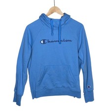 Champion Women's Script Logo Pullover Fleece Hoodie size Medium Light Blue