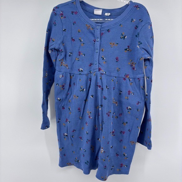 GAP Kids Floral Print Waffle Knit Long Sleeve Dress Blue