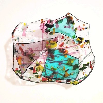 Modernist Fused Art Glass Bowl Original Free Form Abstract Brutalist Mosaic 