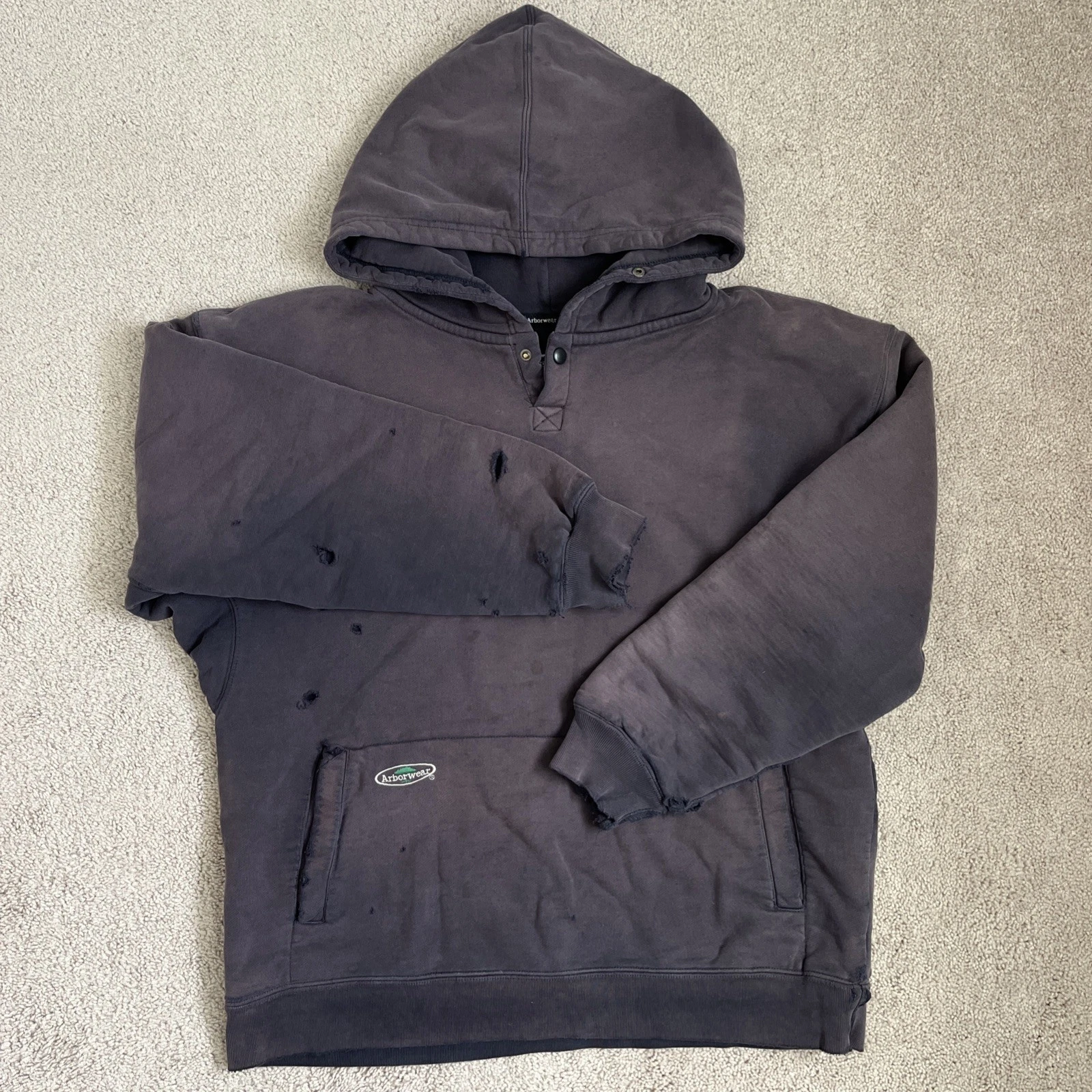 Thrashed Arborwear Double Thick Snap Hoodie 100% Cotton Y2K Distressed Faded