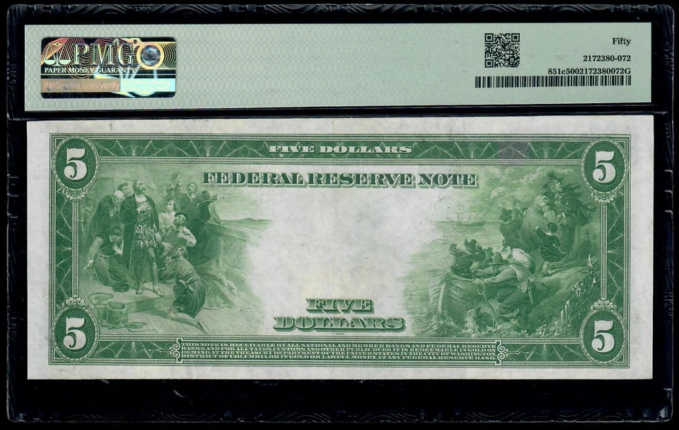 $5 1914 Federal Reserve New York Note Fr.851C About UNC PMG 50 - Image 2 of 3