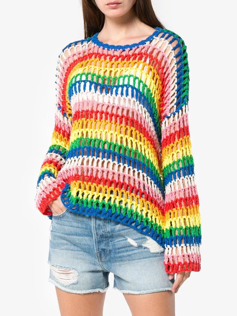 Mira Mikati rainbow open hand crochet pullover sweater size US 2 XS extra small