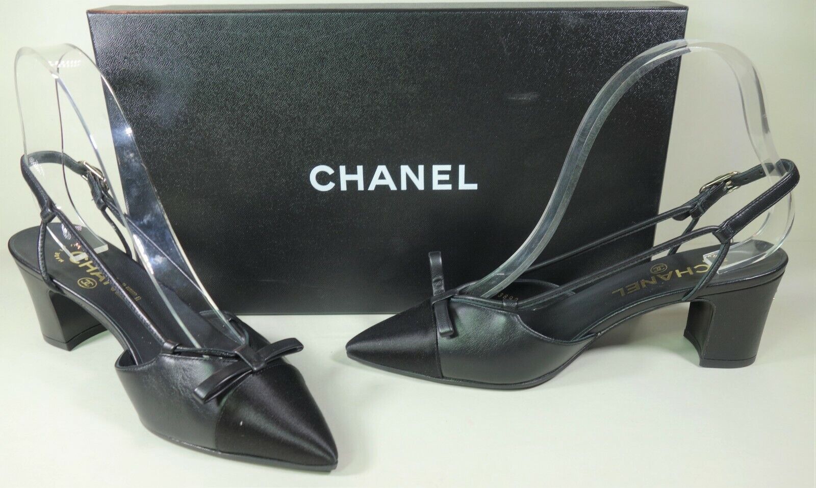 Chanel Slingback Heels Pumps 35.5 Cap Toe Metallic Lambskin/Fabric  Gold/Black