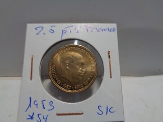 MONEDA DE 2 5 PESETAS FRANCO 1953 54 S/C BRILLO